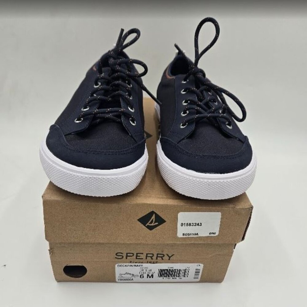 Sperry Top-Sider Boys Deckfin Lace Up Navy Blue White Sneakers 6 M US